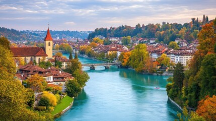 Obraz premium Scenic View of a River in an Autumn Landscape