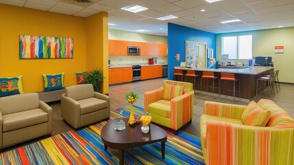 Modern Colorful Lounge Area with Kitchenette and Seating