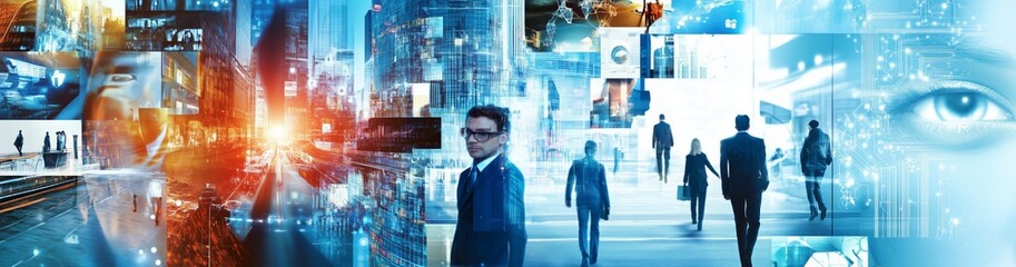 Modern business and city architecture photo abstract double exposure collage of various professional business people in an urban city scene for banner. Generative AI
