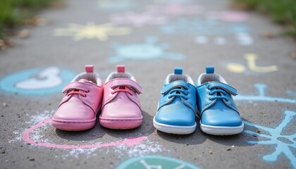 Naklejka premium Colorful baby shoes on a chalk-drawn path with playful designs