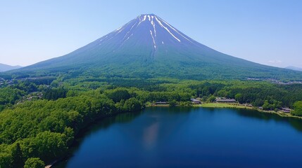 Fototapeta premium Majestic Mountain with Clear Blue Lake and Green Forest