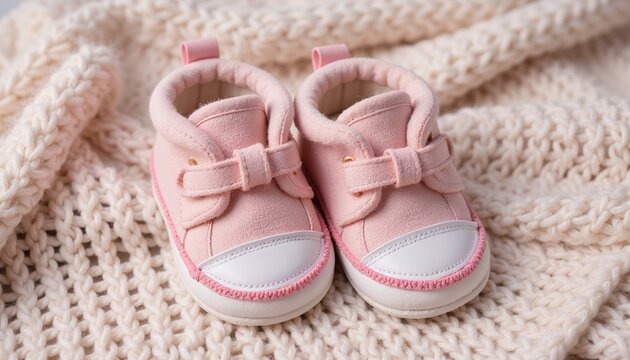 Cozy pink baby shoes on knitted blanket with soft texture