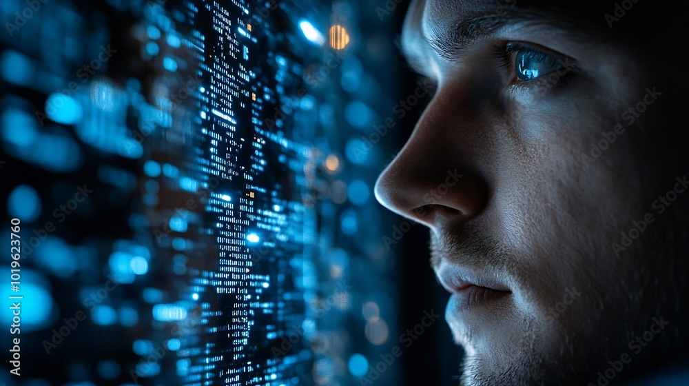 Poster Software engineer using digital tablet with cyber security network computer code on virtual screen interface Data science machine learning of artificial intelligence digital software d : Generative AI