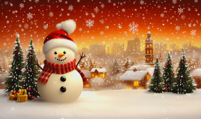 Snowman in a festive winter landscape with trees and snowflakes