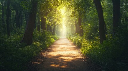 Sunlit path through a dense forest.