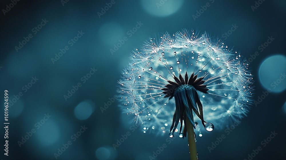 Leinwandbilder beautiful shiny dew water drop on dandelion seed in nature macro soft selective focus sparkling boke