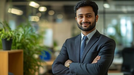 Happy Indian businessman professional leader standing arms crossed in office Smiling male employee business man company executive manager confident eastern entrepreneur at work portrai : Generative AI