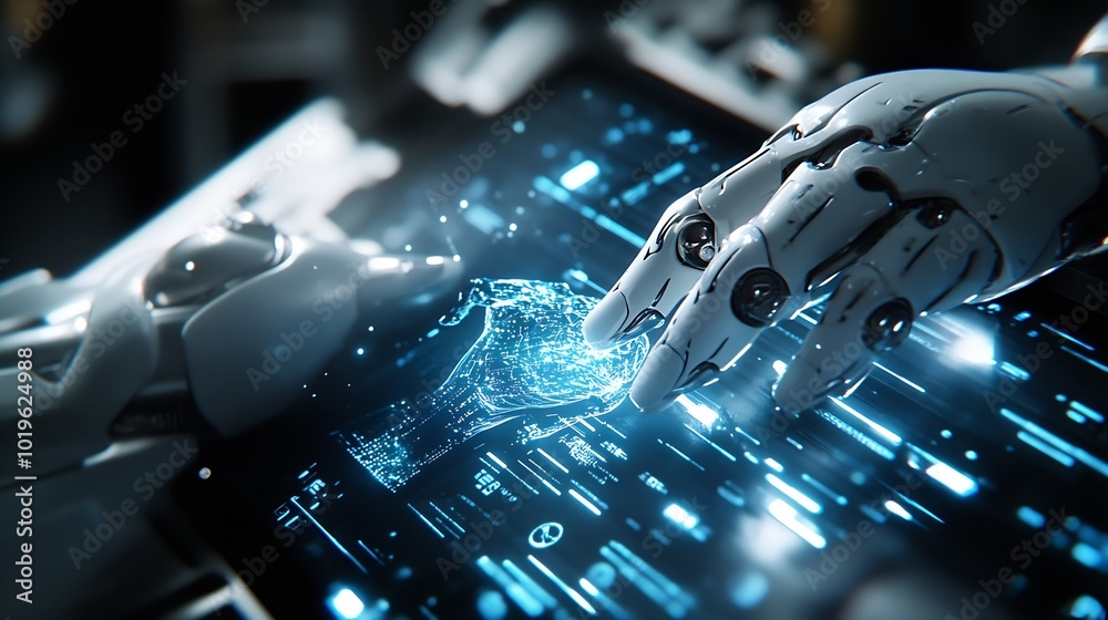 Fototapete using AI technology for developing running business on cloud computing person using Ai technology in his business by artificial intelligence smart robot AI Futuristic technology transf : Generative AI