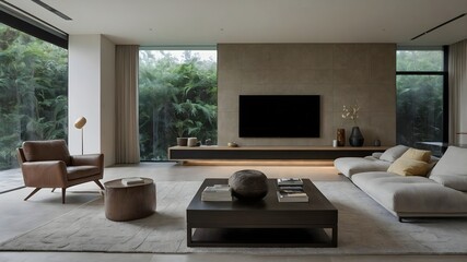 Ai Generated Image of Modern Living Room with large sofa and the large panel of windows with nature. 