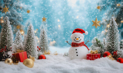 Whimsical winter holiday scene with trees, snowman, ornaments, and gifts