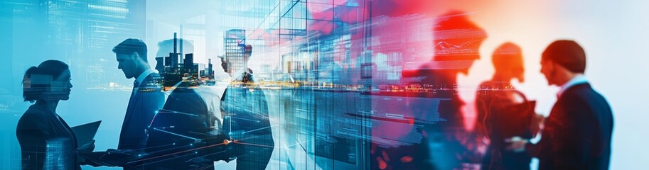 Modern business and city architecture photo abstract double exposure collage of various professional business people in an urban city scene for banner. Generative AI