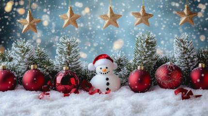 Whimsical winter holiday scene with trees, snowman, ornaments, and gifts