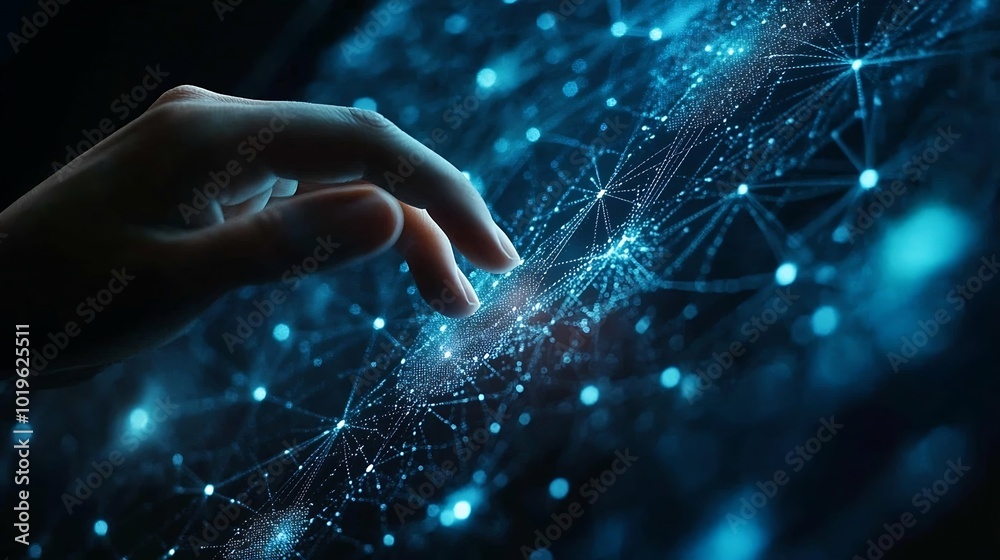 Aufkleber Digital cyber era technology concept Human hand touching interconnected polygons of massive amounts of data glowing on a dark blue background New innovations that are coming to change  : Generative AI