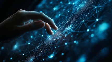Digital cyber era technology concept Human hand touching interconnected polygons of massive amounts of data glowing on a dark blue background New innovations that are coming to change  : Generative AI
