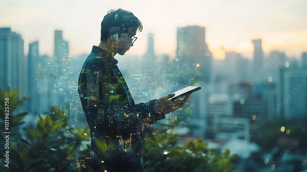 Poster Digital marketing data exchange global business Businessman using digital tablet computer double exposure with smart city online marketing data transfer global internet network technol : Generative AI
