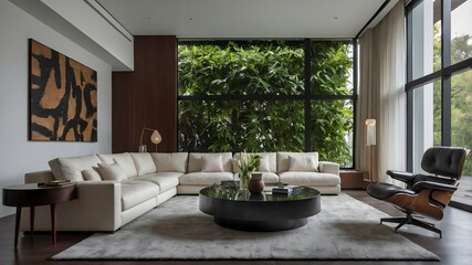 Ai Generated Image of Modern Living Room with large sofa and the large panel of windows with nature. 