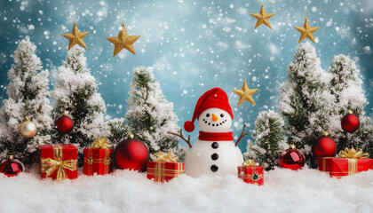Obraz premium Whimsical winter holiday scene with trees, snowman, ornaments, and gifts