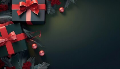Red and black Christmas background concept Red and black ribbons wrapped around Christmas gift boxes