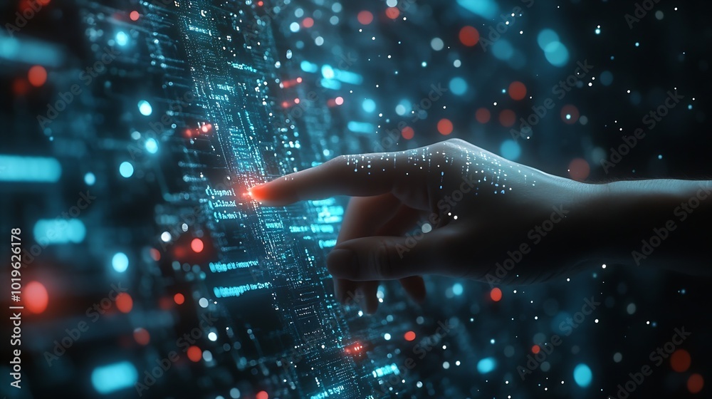 Poster Software engineer using digital tablet with cyber security network computer code on virtual screen interface Data science machine learning of artificial intelligence digital software d : Generative AI