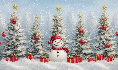Whimsical winter holiday scene with trees, snowman, ornaments, and gifts