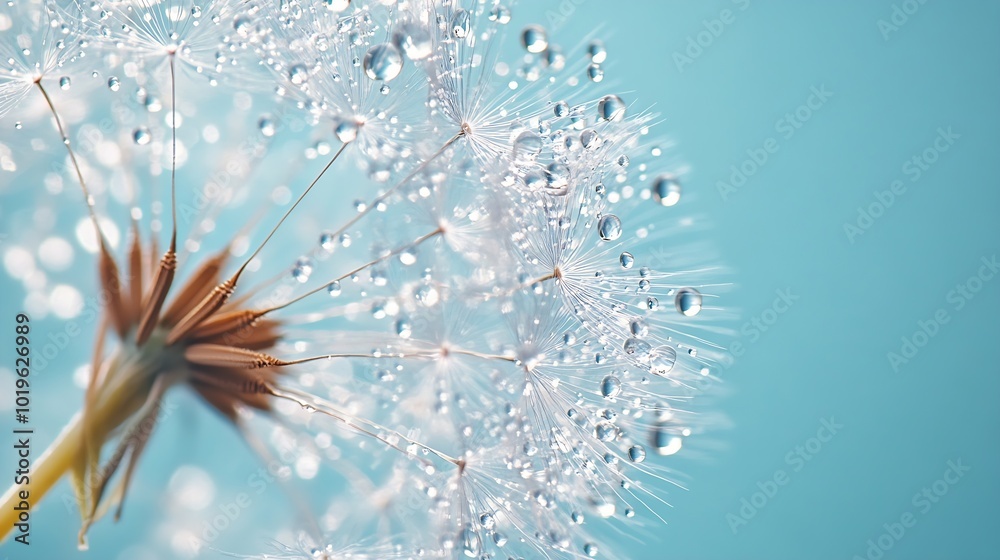 Leinwandbilder beautiful dew drops on a dandelion seed macro beautiful soft blue background water drops on a parach