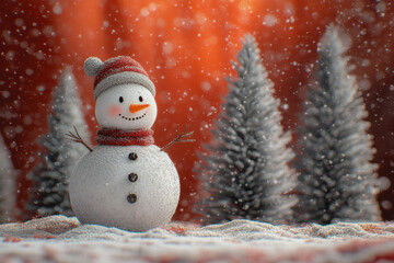 Snowman in a festive winter landscape with trees and snowflakes