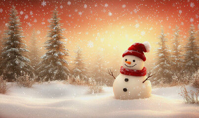 Snowman in a festive winter landscape with trees and snowflakes