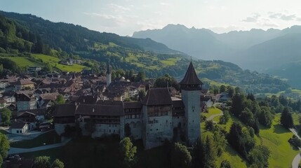 Scenic Aerial View of Historic Swiss Castle and Landscape