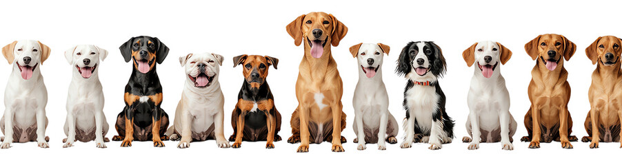 Group of happy dogs in various breeds, white isolate background.