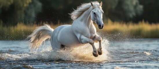 Fototapeta premium A white horse gallops through a shallow river with water splashing around it.