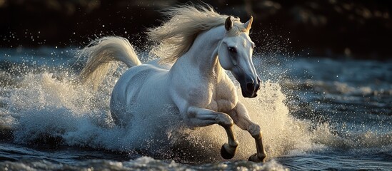 A white horse gallops through a river, creating a spray of water. The horse's mane and tail are flowing in the wind.