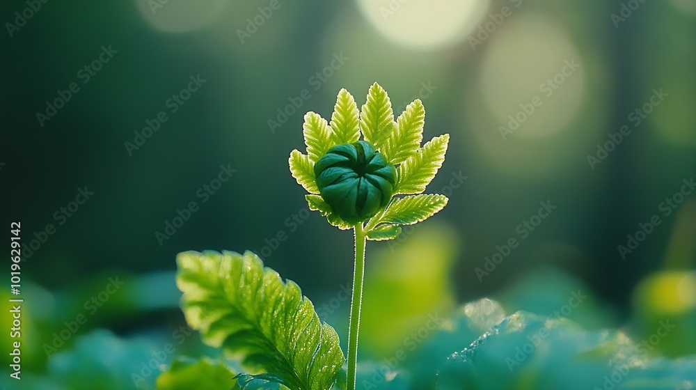 Aufkleber beautiful close up view of fresh green young wild ferns plantation bud in spiral form with shallow d