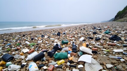 Beach Pollution: Plastic Waste and Debris Scattered