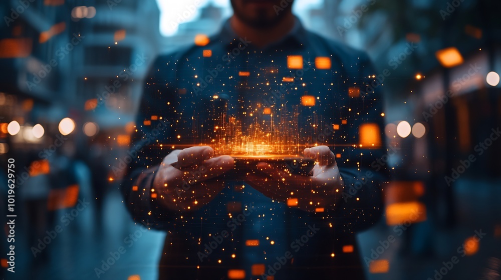 Poster Businessman holding smartphone with virtual Global Internet connection Global internet connection application technology and digital marketing Financial and banking Digital link tech b : Generative AI