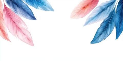 Colorful feathers in pink and blue on a white background, perfect for creative designs and art projects.