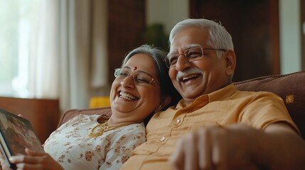 Laughing senior Indian couple sitting on the couch at living room watching photo album : Generative AI