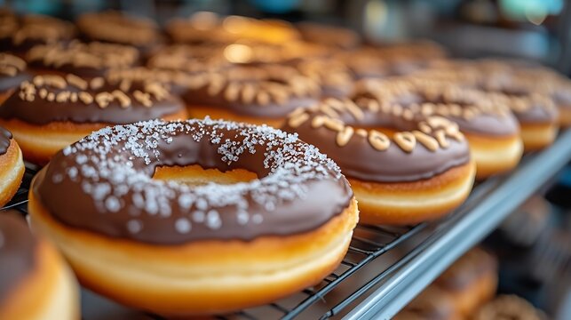 Chocolate and sugar donuts in supermarket bakery shelf in Zicatela Puerto Escondido Oaxaca Mexico : Generative AI