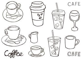 Coffee and drink illustration drawn in black and white pen drawing.