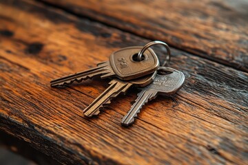 set of house keys on rustic wooden table soft natural light from window outoffocus new home interior background symbolizing homeownership and new beginnings