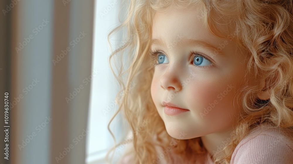 Wall mural a little curly blonde girl gazes thoughtfully out the window, embodying innocence and warmth in soft