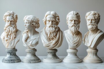 set of intricately carved marble busts depicting fictional philosophers classical style with modern twists varied expressions and unique characteristics for each figure clean white background