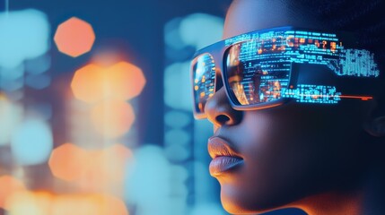 A skilled African American IT specialist examines advanced holographic data to enhance cybersecurity in a futuristic setting.