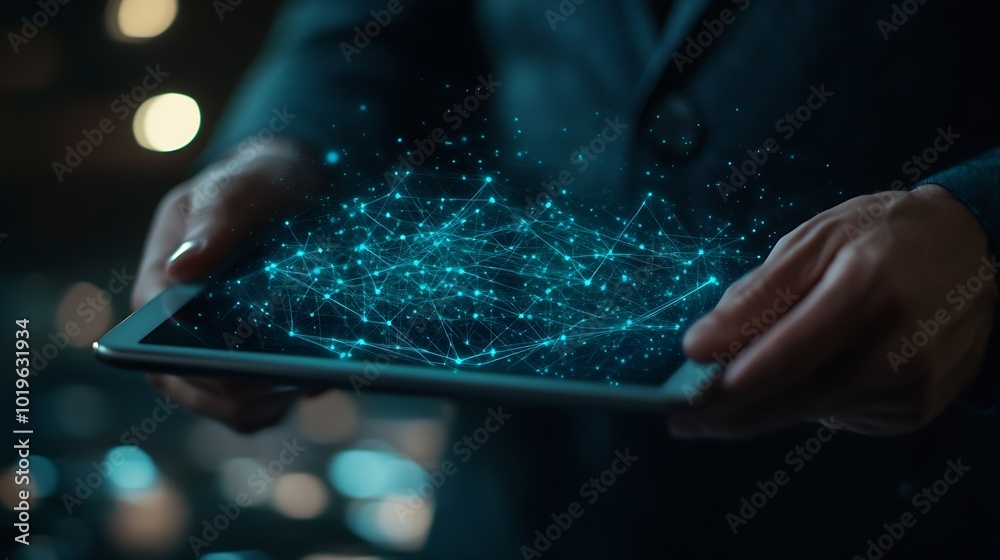 Fototapete Internet technology global business concept Businessman using digital tablet with global network connection on social networking and customer data analytics Business strategy and digit : Generative AI