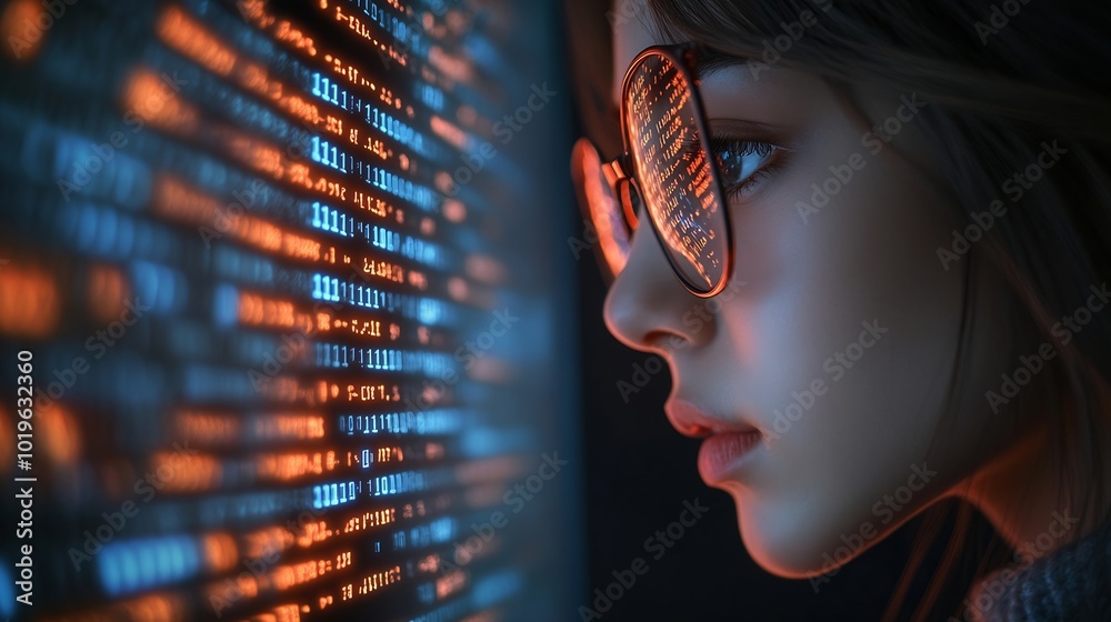 Fototapete Software coding hologram and woman in data analytics information technology and gdpr overlay Programmer or IT person in glasses reading script programming and cybersecurity research on : Generative AI