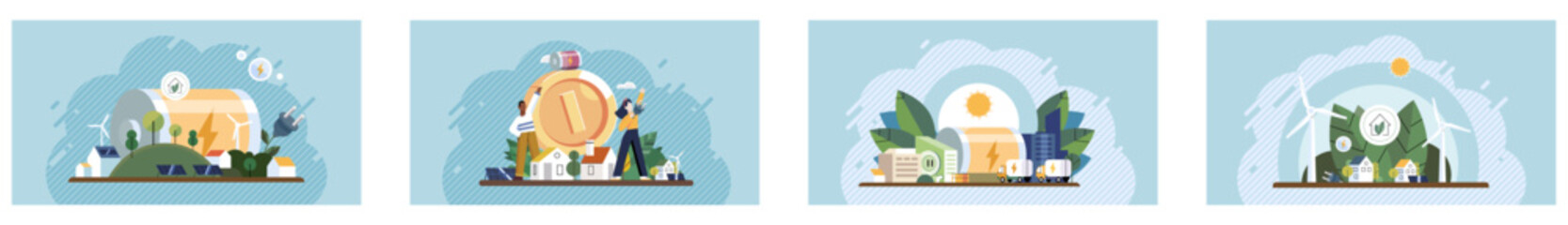 Environmental care concept. A set of four vector images illustrating eco-friendly energy sources, green buildings, and environmental sustainability. Ideal for sustainability projects, eco-friendly