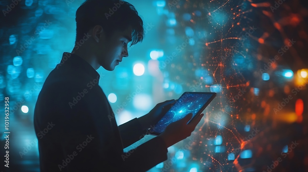 Poster Business thinking and man with tablet ideas or opportunity with decision choice or laptop Person financial advisor or employee with tech thoughts or problem solving with solution or di : Generative AI