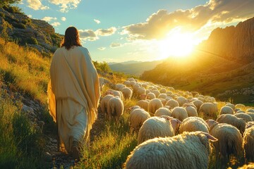 shepherd jesus christ gently guiding sheep in a sunlit field radiating warmth and hope with a serene landscape reflecting faith and divine connection under a clear blue sky