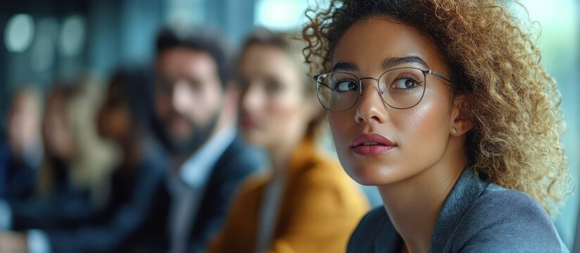 A young woman with curly hair and glasses looks to the side while seated amongst a group of people.