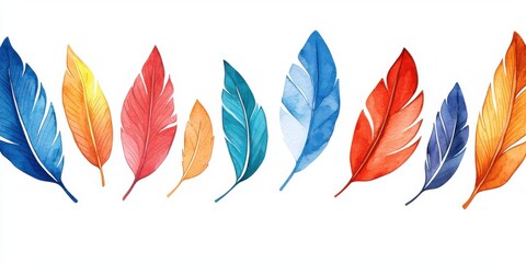 Colorful watercolor feathers displaying a range of vibrant hues, isolated on a white background.