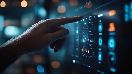 HVAC  Heating Ventilation Air Conditioning Concept Businessman touching on virtual screen and presses HVAC button Use of various technologies to control the temperature humidity and pu : Generative AI
